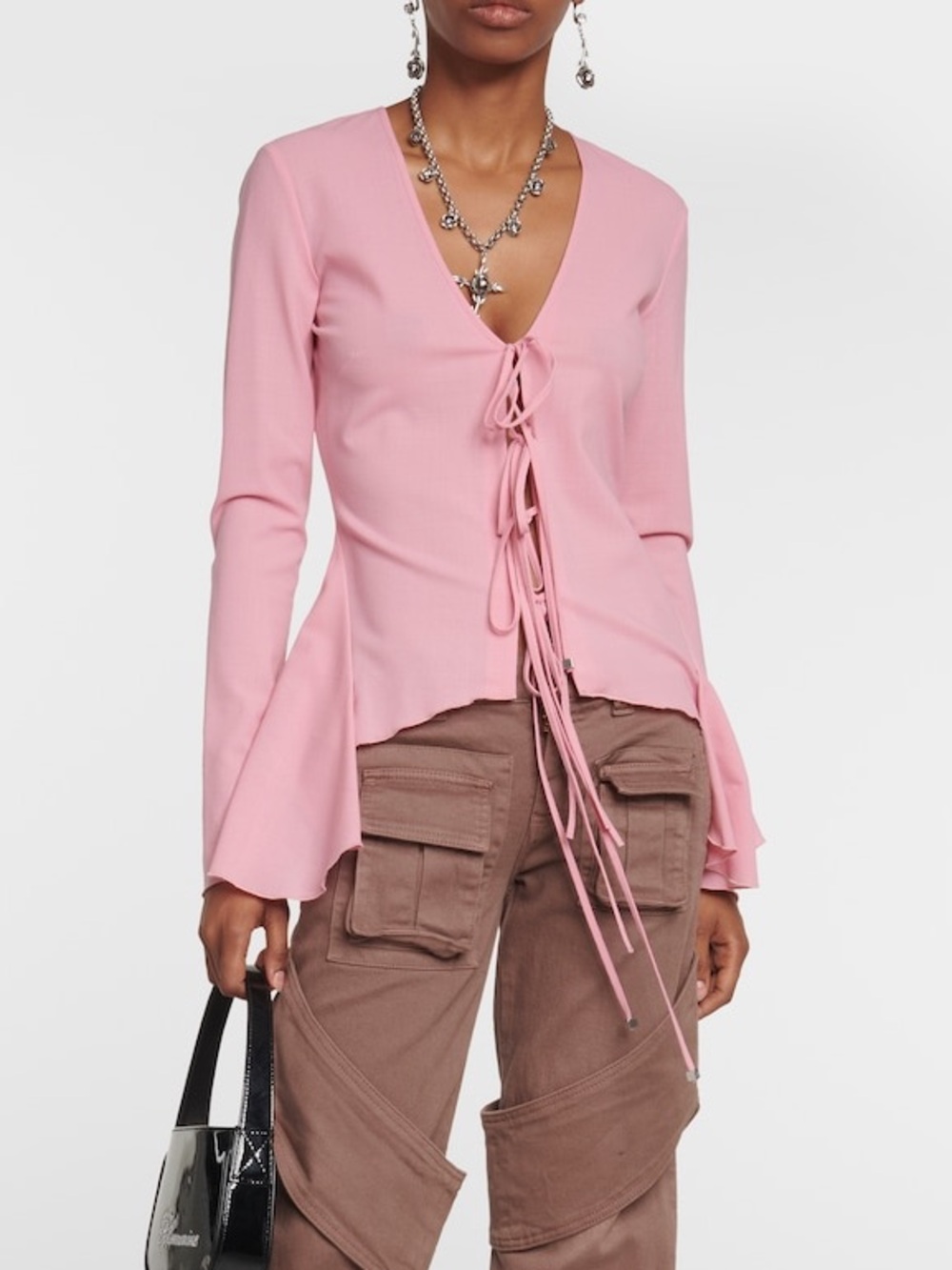 Blumarine ruffled tie front wool blend blouse in pink